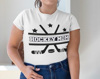 Hockey Mom crossed sticks design T-Shirt | Hockey puck and stars tee