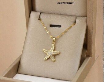 Conjunto de collar y pendientes de estrella de mar con diamantes de imitación, joyería de acero inoxidable con temática oceánica para mujer, elegantes accesorios de playa