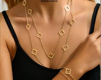 1 Set Fashionable Four-Leaf Clover Flower Pendant Necklace and Bracelet Set, Stainless Steel Lucky Jewelry Gift for Women