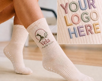 Custom Logo Grip Socks, Embroidered Pilates Socks with Heart Non Slip Sole, Personalised Studio Gift , Bulk Order, Gift for Member,  Yoga