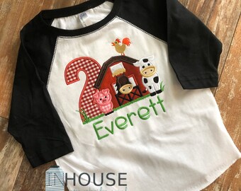 Farm Barnyard Birthday Applique Shirt | Embroidered Baseball Tee