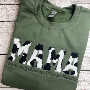 Cow Print Mama Crewneck Sweater | Applique Embroidery | Cow Print | Personalized | Crewneck Sweatshirt | Embroidery Shirt