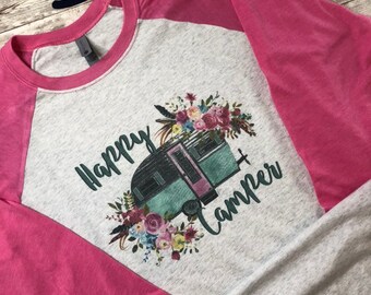 Happy Camper Raglan Shirt | Floral Camper Graphic Tee
