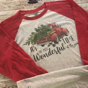 Most Wonderful Time of the Year Raglan | FREE SHIPPING | Christmas Shirt | Truck and Tree Shirt | Buffalo Plaid