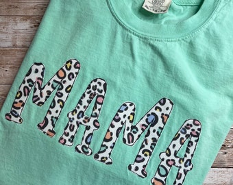 Personalized Mama Comfort Colors Tee | Pastel Cheetah Print Embroidery