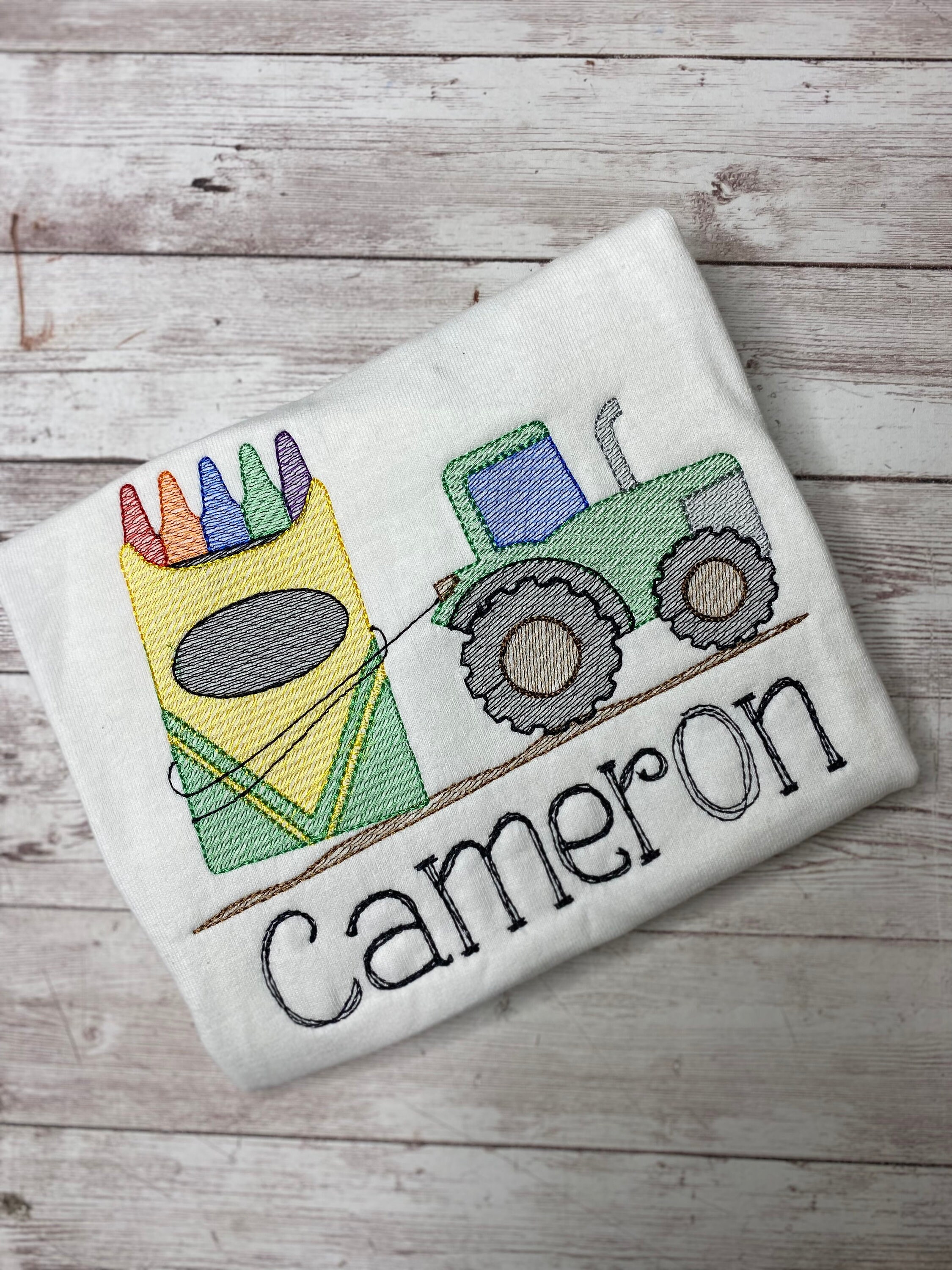 Back to School Tractor with Crayons Embroidered Shirt | Personalized Back to School Shirt