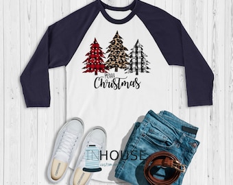 Christmas Tree Raglan Shirt | Buffalo Plaid & Cheetah Print