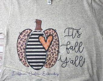 Cheetah Pumpkin It’s Fall Y’all Bella and Canvas Tee | Black and White Stripes | Soft Shirt | FREE SHIPPING | Fall Shirt