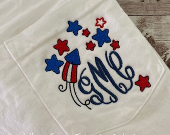 Fireworks Monogram Pocket Tee | Comfort Color Shirt | Fourth of July | Labor Day | Memorial Day | Red, White, and Blue | Monogram Shirt