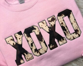 Cow Print XOXO Applique Crewneck Sweater | Embroidered Valentine's Gift