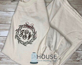 Embroidered Farmhouse Wreath Monogram Shirt | Unisex Long Sleeve