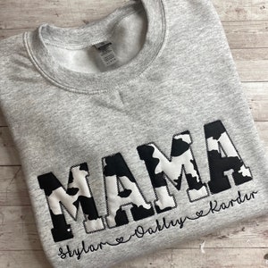 Cow Print Mama Crewneck Sweater | Applique Embroidery | Cow Print | Personalized | Crewneck Sweatshirt | Embroidery Shirt