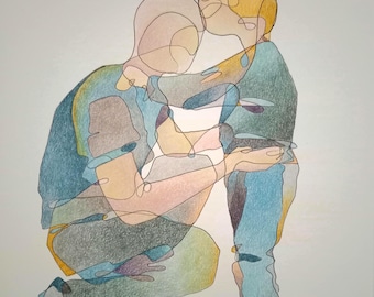 Disegno originale a colori disegnato a mano di padre e figlio