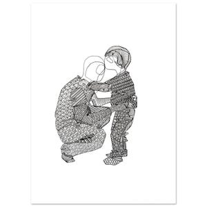 Può includere: Un'illustrazione in bianco e nero a tratto che raffigura due figure. Una figura è inginocchiata mentre l'altra è in piedi e si sporge in avanti per toccare la fronte della figura inginocchiata. Entrambe le figure sono riempite di motivi complessi.