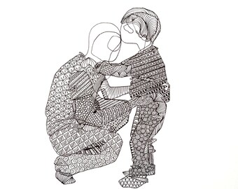 Disegno originale a mano di padre e figlio