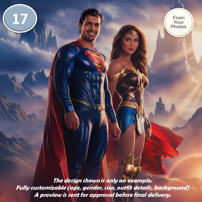May include: Digital artwork featuring Superman and Wonder Woman standing together. Superman wears a blue suit with a red cape and the Superman logo. Wonder Woman is in her classic costume. The image includes text: "From Your Photos" and "Fully customizable".