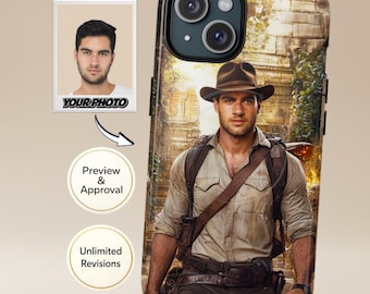 Funda para teléfono de hombre | Retrato personalizado de aventurero a partir de tu foto, al estilo Indiana Jones | Compatible con iPhone y Samsung