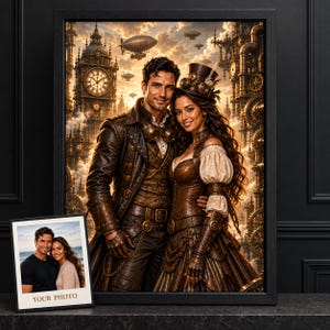 Peut inclure: Un portrait encadré montrant un couple en tenue steampunk marron avec des lunettes et des hauts-de-forme, devant une horloge et des dirigeables. Une petite photo carrée avec le texte YOUR PHOTO est affichée au premier plan.