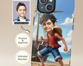Funda personalizada para teléfono infantil con foto | Retrato del niño pirata Luffy de One Piece (para 1 a 3 niños) | Compatible con iPhone y Samsung