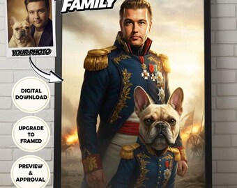 Retrato personalizado de mascota familiar | Póster de cine Royal Dog a partir de una foto (de 2 a 4 personajes) | Descarga digital enmarcada