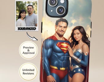 Funda personalizada para móvil con foto para 2 personas | Retrato de pareja de superhéroes al estilo Superman | Compatible con iPhone y Samsung
