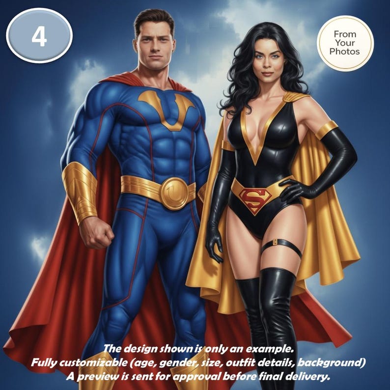 May include: Digital illustration of two superheroes. One wears a blue suit with gold accents and a red cape. The other is in a black and gold suit with a yellow cape. Text on the image says "From Your Photos".