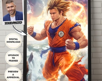 Póster hiperrealista de Goku de Dragon Ball Z | Póster manga personalizado para hombre hecho con tus fotos | Descarga digital enmarcada