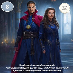 May include: A digital illustration of two figures in fantasy attire. The man wears a blue robe with a red cape and a gold pendant. The woman is in a long blue dress. The image includes text: "The design shown is only an example."