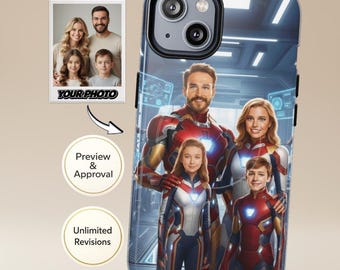 Funda personalizada para teléfono | Retrato familiar con foto de superhéroe al estilo Iron Man (de 3 a 5 personas) | Compatible con iPhone y Samsung