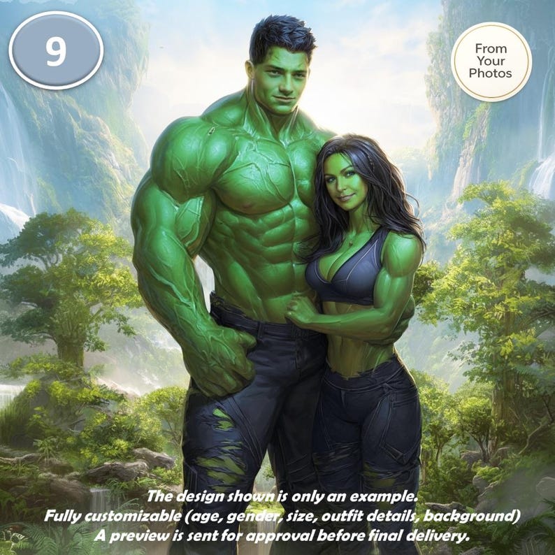May include: Digital artwork of two green-skinned figures embracing, set against a lush, mountainous backdrop. The male figure is muscular, wearing dark pants. The female figure wears a black top and dark pants. Text includes "9" and "From Your Photos". The design is customizable.