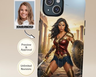 Funda personalizada para móvil con foto para mujer | Retrato de una guerrera legendaria al estilo de Wonder Woman | Compatible con iPhone y Samsung