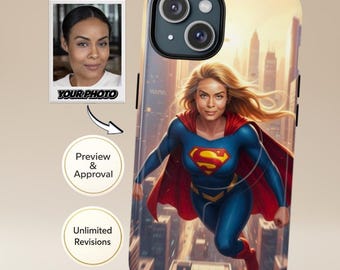 Funda personalizada para móvil con foto para mujer | Retrato de superheroína con capa roja, estilo Supergirl | Compatible con iPhone y Samsung
