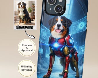 Funda personalizada para teléfono con la foto de tu perro y gato | Retrato de mascota superhéroe Iron Man (de 1 a 4 mascotas) | iPhone y Samsung
