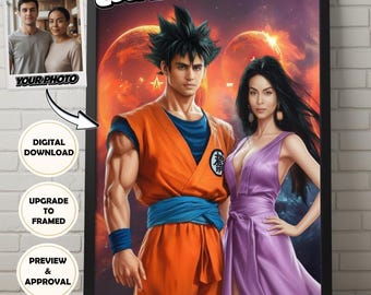 Póster hiperrealista de pareja de Dragon Ball Z – Póster personalizado de Goku estilo manga creado a partir de tus fotos – Enmarcado o descarga digital