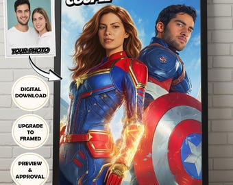 Póster de superhéroes personalizado a partir de tus fotos: retrato de pareja enmarcado o descarga digital.