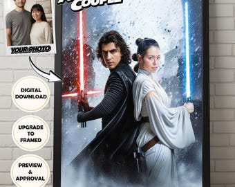 Retrato personalizado de pareja de Star Wars creado a partir de tus fotos – Póster de dúo Jedi – Enmarcado o descarga digital