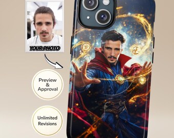 Funda personalizada para hombre | Retrato de superhéroe a partir de tu foto, al estilo del Dr. Strange | Compatible con iPhone y Samsung