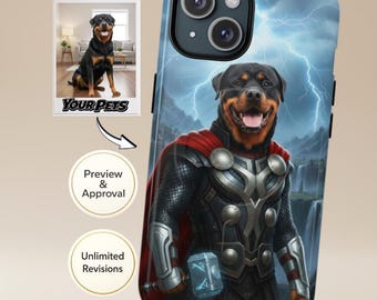Funda personalizada para teléfono con tu mascota | Retrato de perro, gato y superhéroe Thor (de 1 a 4 mascotas) | iPhone y Samsung