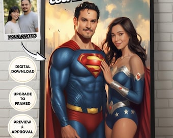 Retrato personalizado de pareja de superhéroes: póster a partir de tu foto, enmarcado o en formato digital.