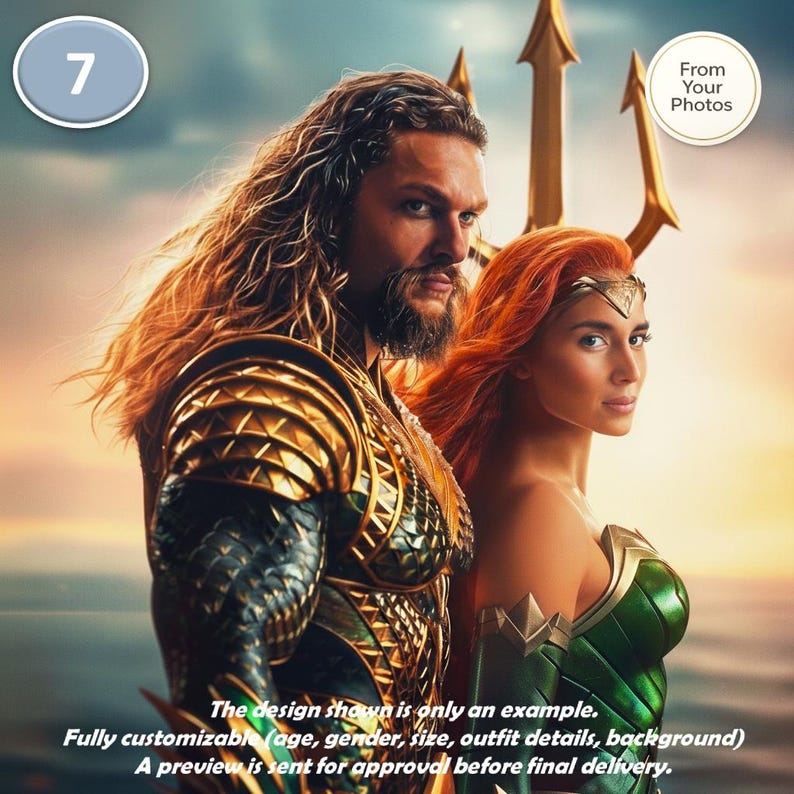May include: Digital artwork featuring two figures in superhero attire. One figure has long, flowing hair and golden armor. The other has red hair and green and gold armor. The image includes text stating the design is an example and fully customizable.