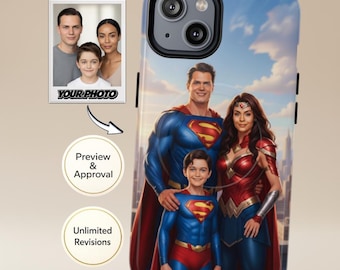 Funda personalizada para móvil con diseño de superhéroe y foto | Retrato familiar al estilo Superman (de 3 a 5 personas) | Compatible con iPhone y Samsung