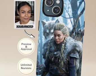 Funda personalizada para mujer con tu foto | Retrato de la legendaria guerrera vikinga con lobo | Compatible con iPhone y Samsung