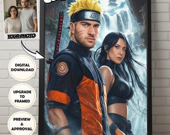Retrato hiperrealista de pareja ninja manga – Póster personalizado de anime Naruto a partir de tus fotos – Enmarcado o descarga digital