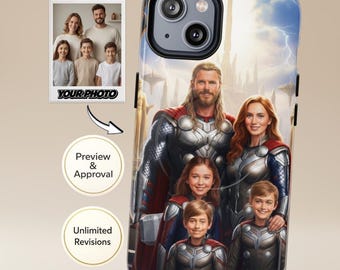 Funda personalizada para teléfono con foto | Retrato familiar de héroes legendarios al estilo Thor (de 3 a 5 personas) | Compatible con iPhone y Samsung
