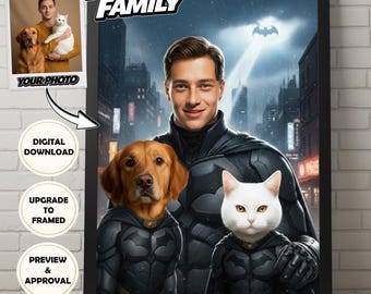 Retrato personalizado de mascotas familiares | Póster de perro o gato superhéroe a partir de una foto (de 2 a 4 personajes) | Descarga digital enmarcada