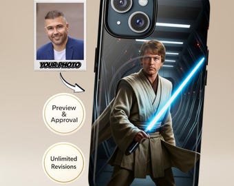 Funda para móvil personalizable con foto para hombre | Retrato de caballero galáctico al estilo Jedi de Star Wars | Compatible con iPhone y Samsung