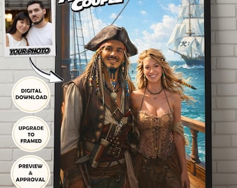 Póster personalizado de pareja de piratas: retrato de Jack Sparrow de Piratas del Caribe, hecho a partir de fotos, enmarcado | Descarga digital