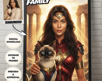Retrato personalizado del dueño y su mascota | Póster de superhéroes al estilo de la Mujer Maravilla (perro y gato) a partir de tus fotos | Digital o enmarcado