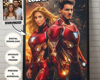 Póster personalizado de superhéroes: retrato de pareja al estilo Iron Man a partir de tus fotos. Enmarcado o en formato digital.