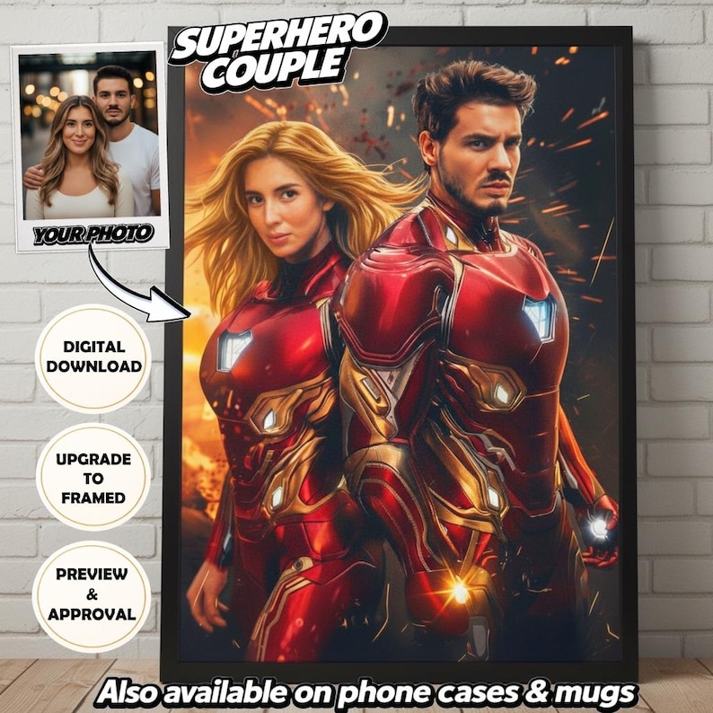 May include: Framed artwork featuring a couple in superhero costumes, with a photo of the couple in the upper left corner. The artwork is predominantly red and gold, with the words "SUPERHERO COUPLE" at the top. Text on the left side says "DIGITAL DOWNLOAD", "UPGRADE TO FRAMED", and "PREVIEW & APPROVAL".